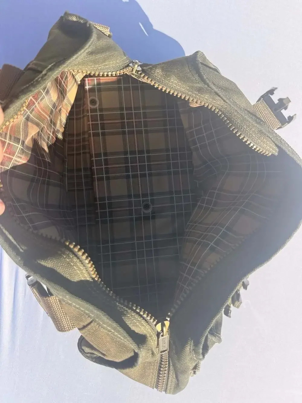 Adolfo Green Canvas Duffle Travel Bag with Plaid Lining and Leather Trim